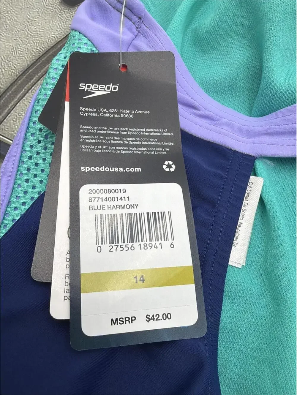 Speedo One Piece Swimsuit GIRLS US Size 14 Blue Harmony UPF50+ NWT Lining Snag